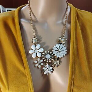 Gold Tone Floral Statement Necklace | White Stone Cluster | Elegant Boutique
